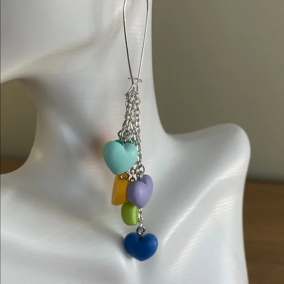 HAND CRAFTED PASTEL HEART DANGLE EARRINGS Multicolor Rainbow Whimsical Tassel - Picture 3 of 12